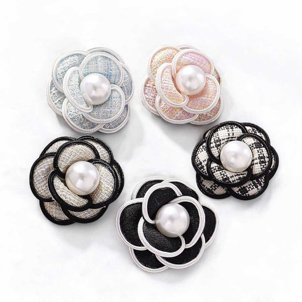 BLING Elegant Camellia Pearl Brooch – Tweed & Faux Leather Fabric Flower Pin