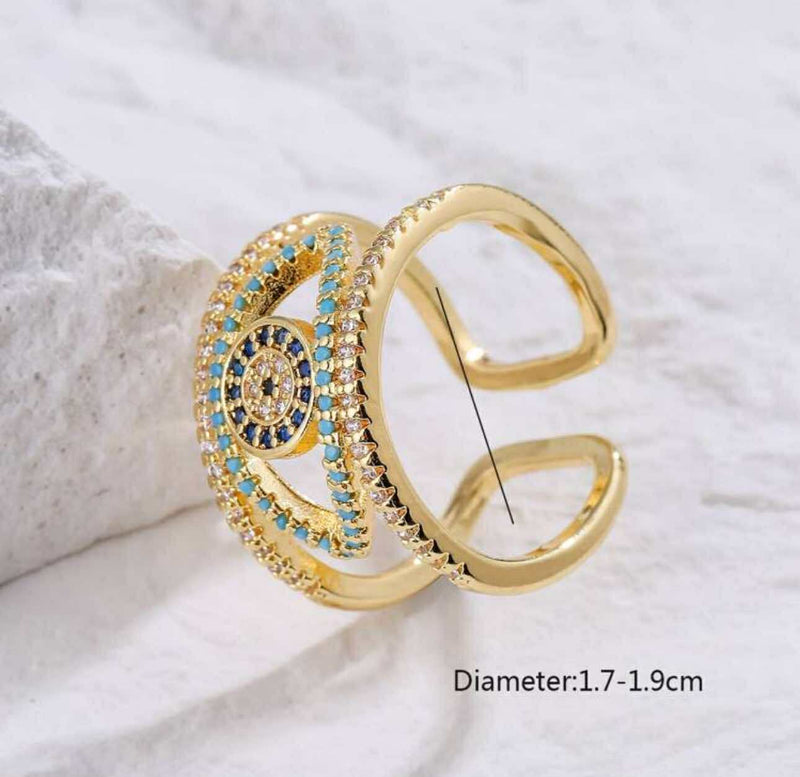 BLING Adjustable Gold Evil Eye Ring with Lash Detail – Dainty Open Band Talisman