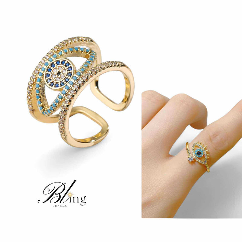 BLING Adjustable Gold Evil Eye Ring with Lash Detail – Dainty Open Band Talisman