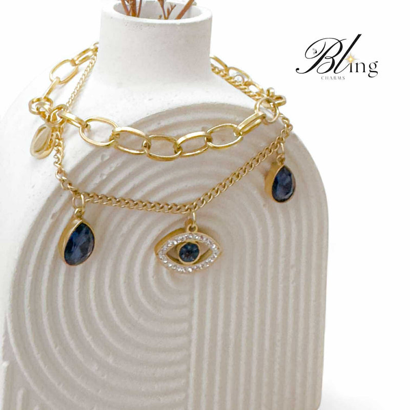 BLING Layered Gold Evil Eye Charm Bracelet – Dual Chain Design with Teardrop Crystals