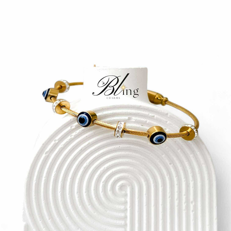 BLING Gold Cable Wire Evil Eye Bracelet – Minimalist Protection Bangle with Crystal Spacers Magnetic Clasp