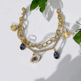 BLING Layered Gold Evil Eye Charm Bracelet – Dual Chain Design with Teardrop Crystals