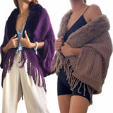 WRAP Cozy Fringe Knit Shawl with Faux Fur Collar – Soft Wrap Poncho