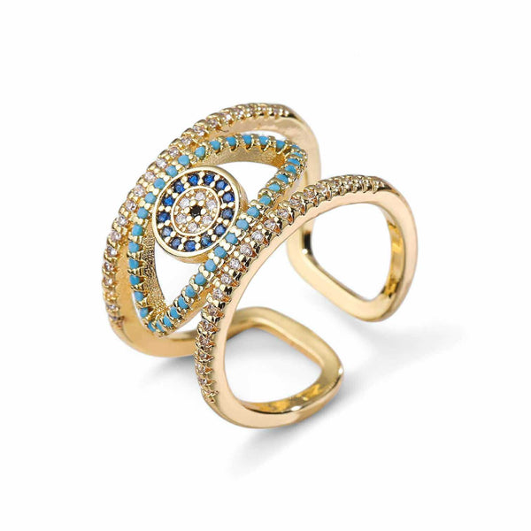 BLING Adjustable Gold Evil Eye Ring with Lash Detail – Dainty Open Band Talisman
