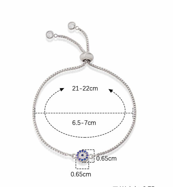 BLING Silver Pavé Evil Eye Slider Bracelet – Adjustable Dainty Blue Charm for Daily Protection