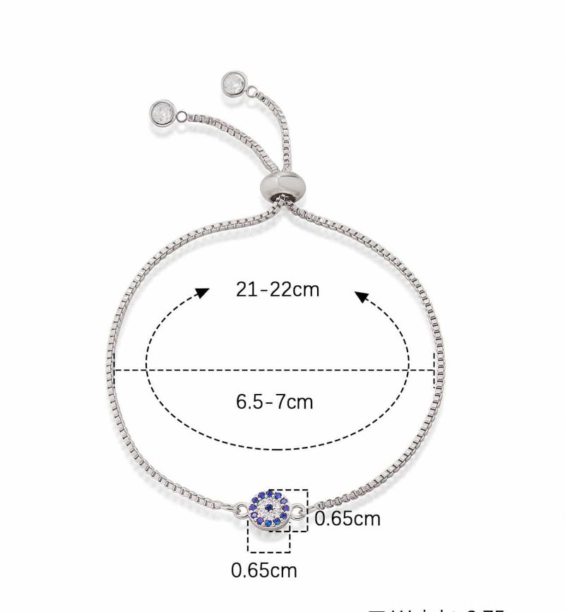 BLING Silver Pavé Evil Eye Slider Bracelet – Adjustable Dainty Blue Charm for Daily Protection