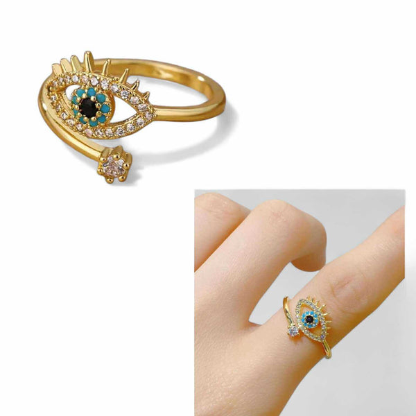 BLING Adjustable Gold Evil Eye Ring with Lash Detail – Dainty Open Band Talisman