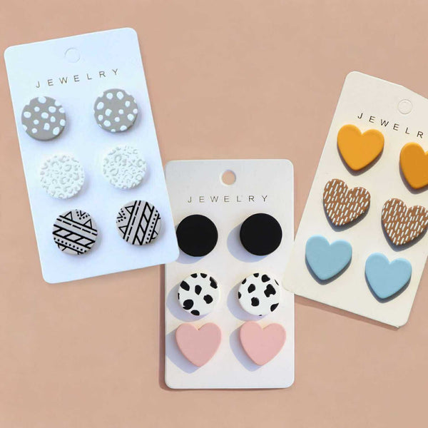 BLING 3pairs Playful Stud Earring Sets – Polymer Clay Round & Heart Designs