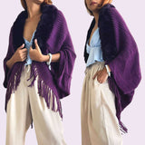 WRAP Cozy Fringe Knit Shawl with Faux Fur Collar – Soft Wrap Poncho