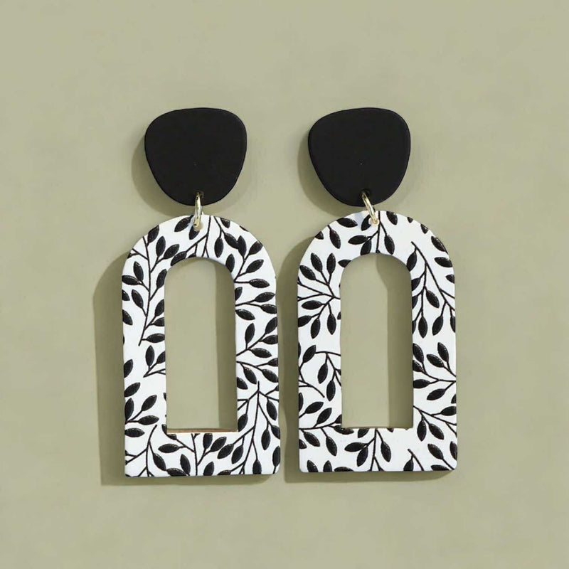 BLING Monochrome Arch Cut-Out Earrings – Handmade Polymer Clay in Leaf & Dot Prints