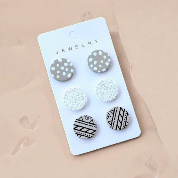 BLING 3pairs Playful Stud Earring Sets – Polymer Clay Round & Heart Designs