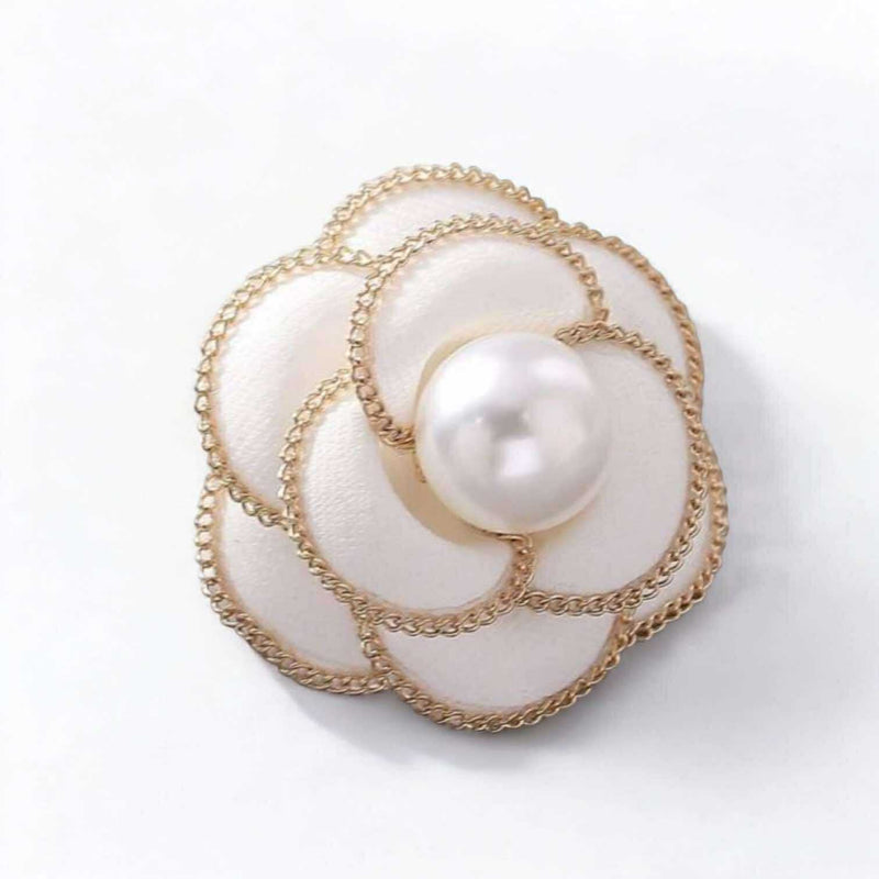 BLING Elegant Camellia Pearl Brooch – Tweed & Faux Leather Fabric Flower Pin