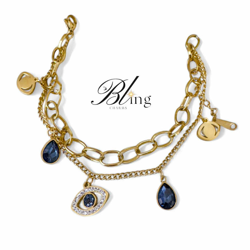 BLING Layered Gold Evil Eye Charm Bracelet – Dual Chain Design with Teardrop Crystals