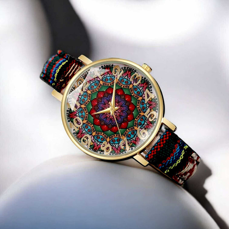BLING Boho Chic Woven Strap Watch – Vintage-Inspired Printed Dial with Ethnic Fabric Band