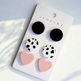 BLING 3pairs Playful Stud Earring Sets – Polymer Clay Round & Heart Designs