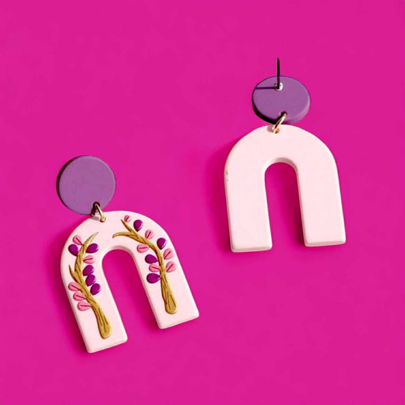 BLING Whimsical Arch Dangle Earrings – Handmade Polymer Clay Floral & Dot Designs