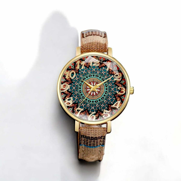 BLING Boho Chic Woven Strap Watch – Vintage-Inspired Printed Dial with Ethnic Fabric Band
