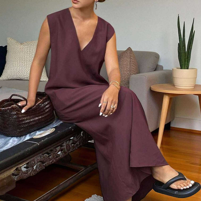 BLK V Neck Square Loose Long Woven Dress