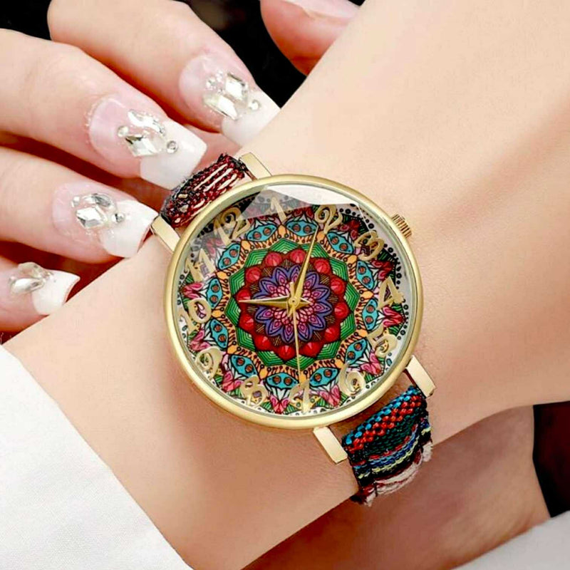 BLING Boho Chic Woven Strap Watch – Vintage-Inspired Printed Dial with Ethnic Fabric Band