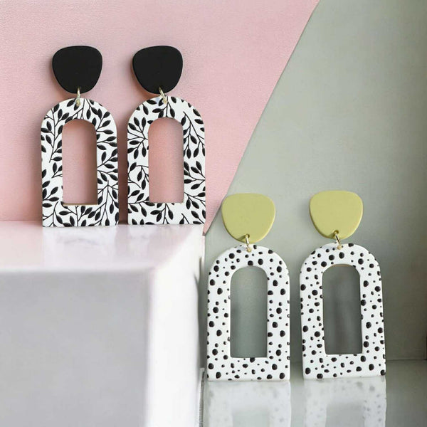 BLING Monochrome Arch Cut-Out Earrings – Handmade Polymer Clay in Leaf & Dot Prints
