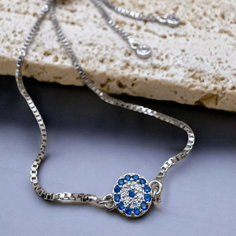 BLING Silver Pavé Evil Eye Slider Bracelet – Adjustable Dainty Blue Charm for Daily Protection