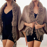 WRAP Cozy Fringe Knit Shawl with Faux Fur Collar – Soft Wrap Poncho