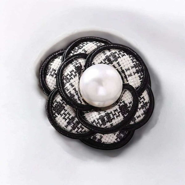 BLING Elegant Camellia Pearl Brooch – Tweed & Faux Leather Fabric Flower Pin