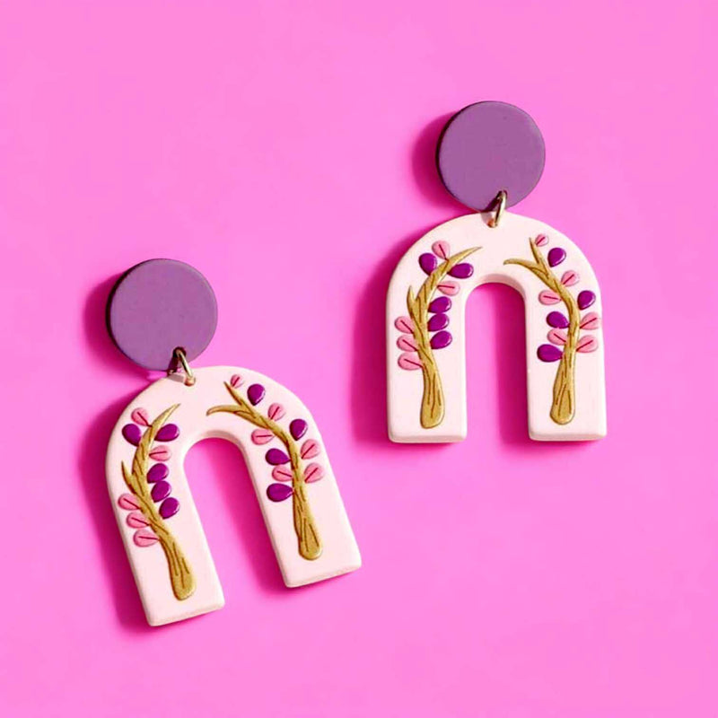 BLING Whimsical Arch Dangle Earrings – Handmade Polymer Clay Floral & Dot Designs