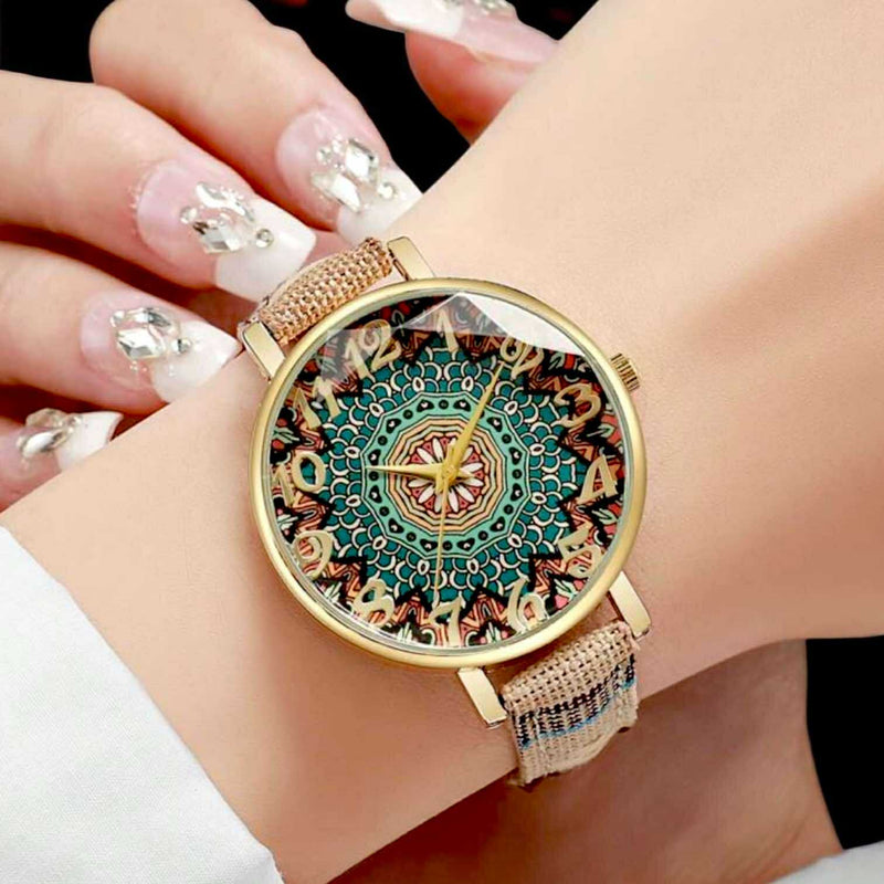 BLING Boho Chic Woven Strap Watch – Vintage-Inspired Printed Dial with Ethnic Fabric Band