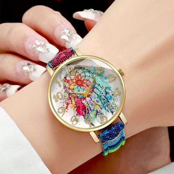 BLING Boho Chic Woven Strap Watch – Vintage-Inspired Printed Dial with Ethnic Fabric Band