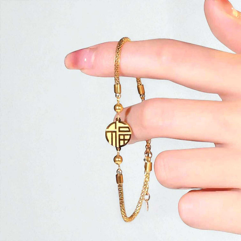 BLING Charms Gold Longevity Shou Adjustable Chain for Prosperity & Protection Bracelet