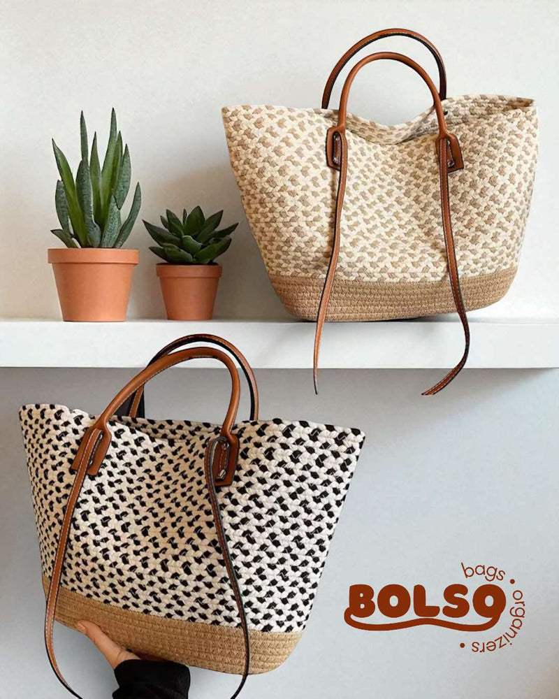 BOLSO Woven Straw Pattern Boho Large Beach Tote Bag