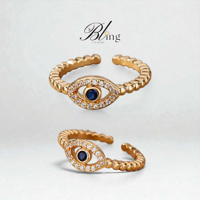 BLING Adjustable Gold Evil Eye Ring with Lash Detail – Dainty Open Band Talisman