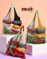 BOLSO 5D Carps Color Blocking Knitted Casual Tote Bag