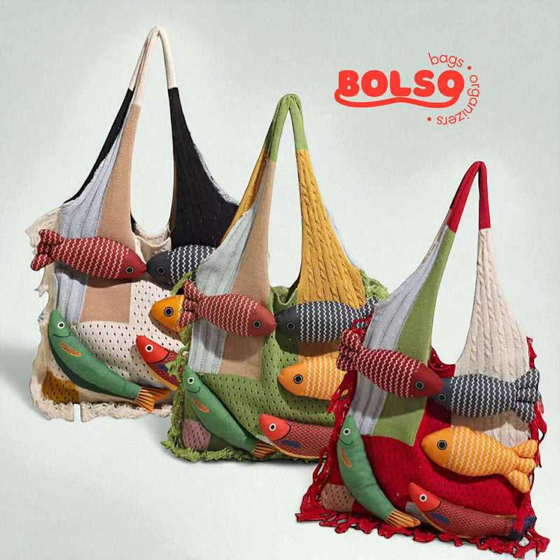 BOLSO 5D Carps Color Blocking Knitted Casual Tote Bag