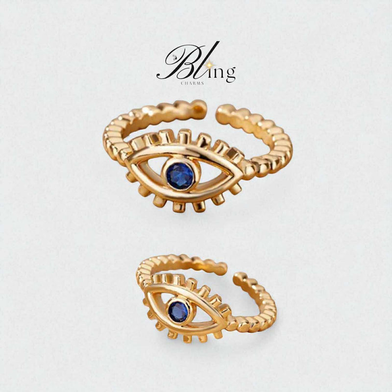 BLING Adjustable Gold Evil Eye Ring with Lash Detail – Dainty Open Band Talisman