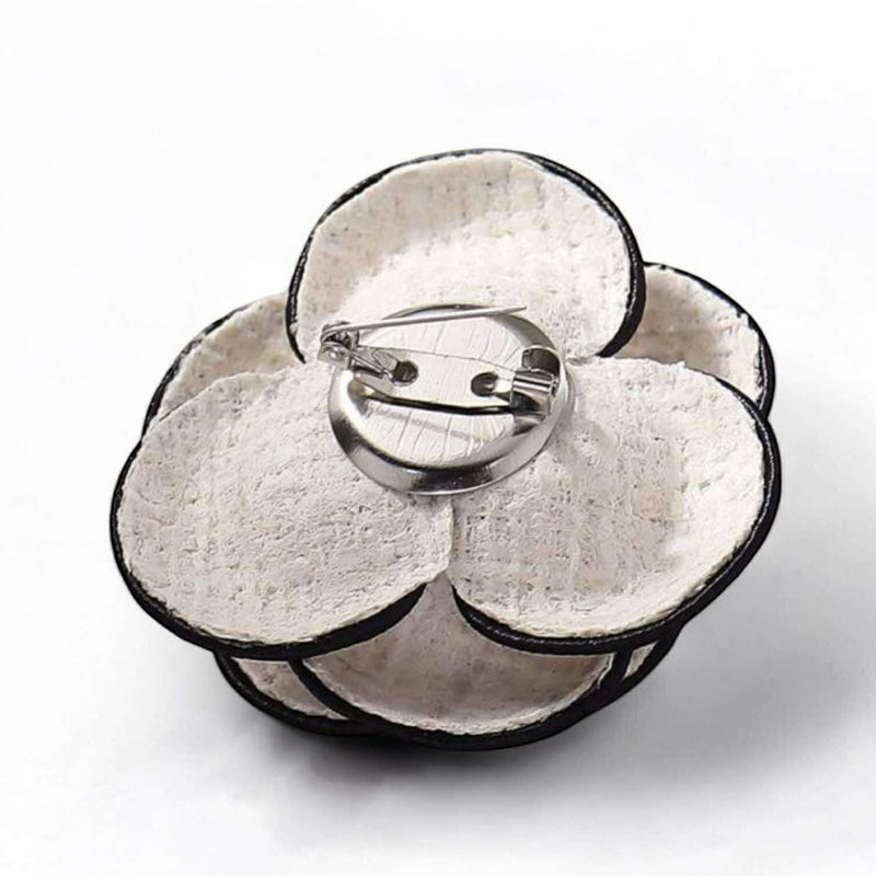 BLING Elegant Camellia Pearl Brooch – Tweed & Faux Leather Fabric Flower Pin