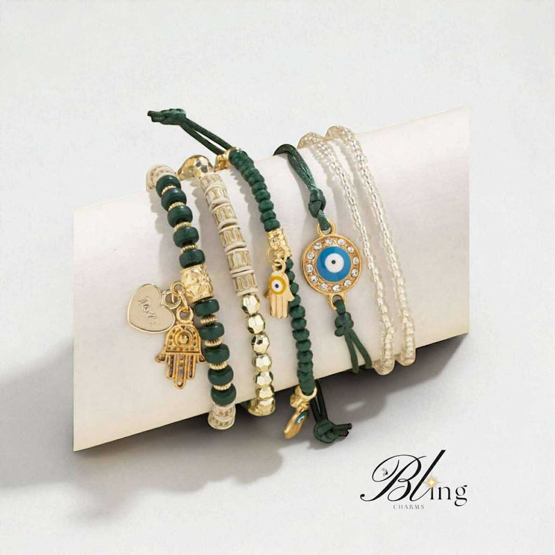 BLING 6pc Evil Eye Charm Accent Boho Bracelet Set