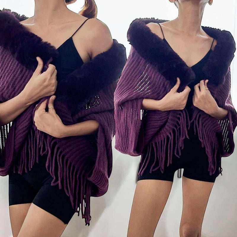 WRAP Cozy Fringe Knit Shawl with Faux Fur Collar – Soft Wrap Poncho