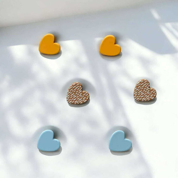 BLING 3pairs Playful Stud Earring Sets – Polymer Clay Round & Heart Designs