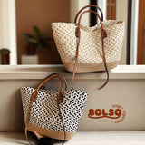 BOLSO Woven Straw Pattern Boho Large Beach Tote Bag