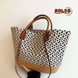 BOLSO Woven Straw Pattern Boho Large Beach Tote Bag