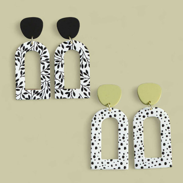 BLING Monochrome Arch Cut-Out Earrings – Handmade Polymer Clay in Leaf & Dot Prints
