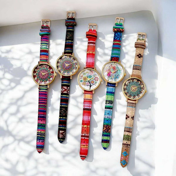 BLING Boho Chic Woven Strap Watch – Vintage-Inspired Printed Dial with Ethnic Fabric Band