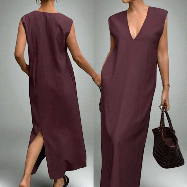 BLK V Neck Square Loose Long Woven Dress