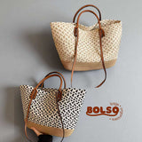 BOLSO Woven Straw Pattern Boho Large Beach Tote Bag