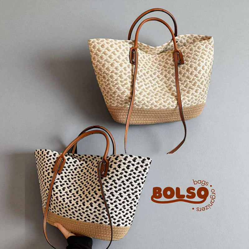 BOLSO Woven Straw Pattern Boho Large Beach Tote Bag