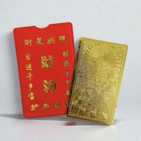 BLING Charms Wealth God Gold Card with Red Protective Sleeve – Lucky Feng Shui Amulet for Abundance & Prosperity