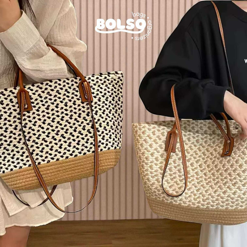 BOLSO Woven Straw Pattern Boho Large Beach Tote Bag