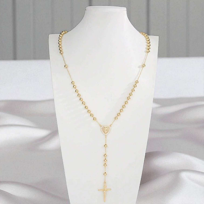 BLING Cross Pendant Gold Plated Prayer Beads Rosary Necklace - Faith Jewelry